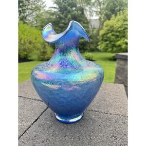 Fenton Twilight Blue Crackle Glass Vase 11” Ruffled Edge Carnival Iridescent